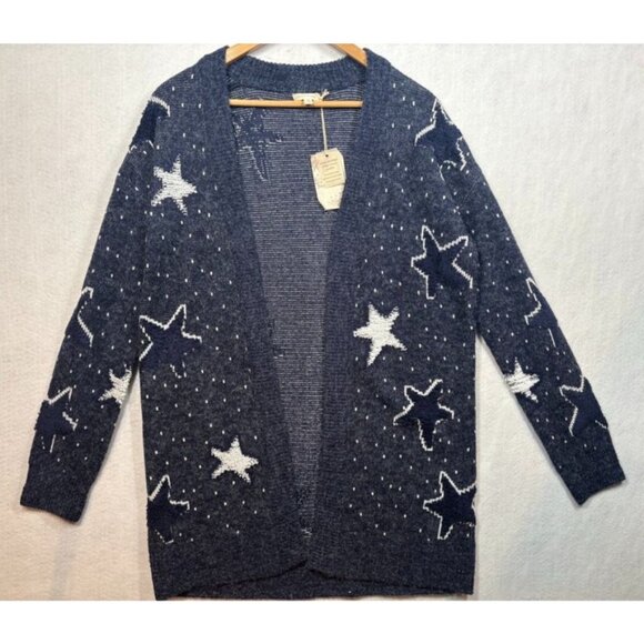 Hem & Thread Sweaters - Hem & Thread Women's Star Cardigan Sweater 30983 Navy Blue Open Front Size Small